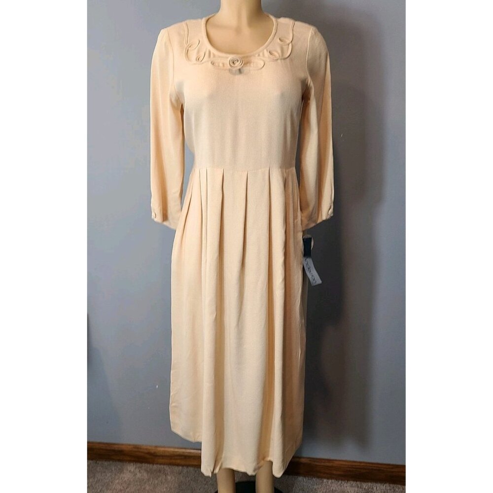Vtg Carol Anderson Cream Dress‎ Sz 4P Cottage 3D Rose New Pleated 90s Whimsical